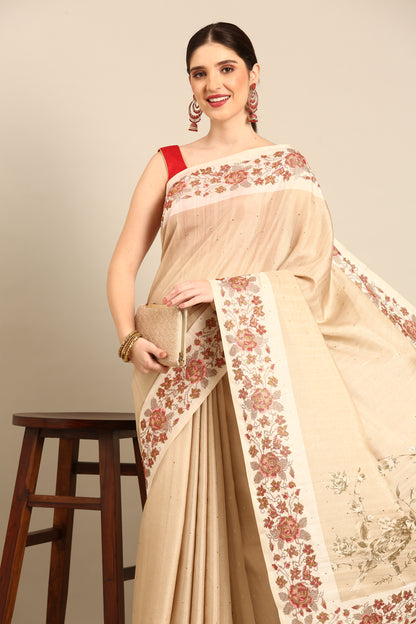 Designer Beige Silk Saree