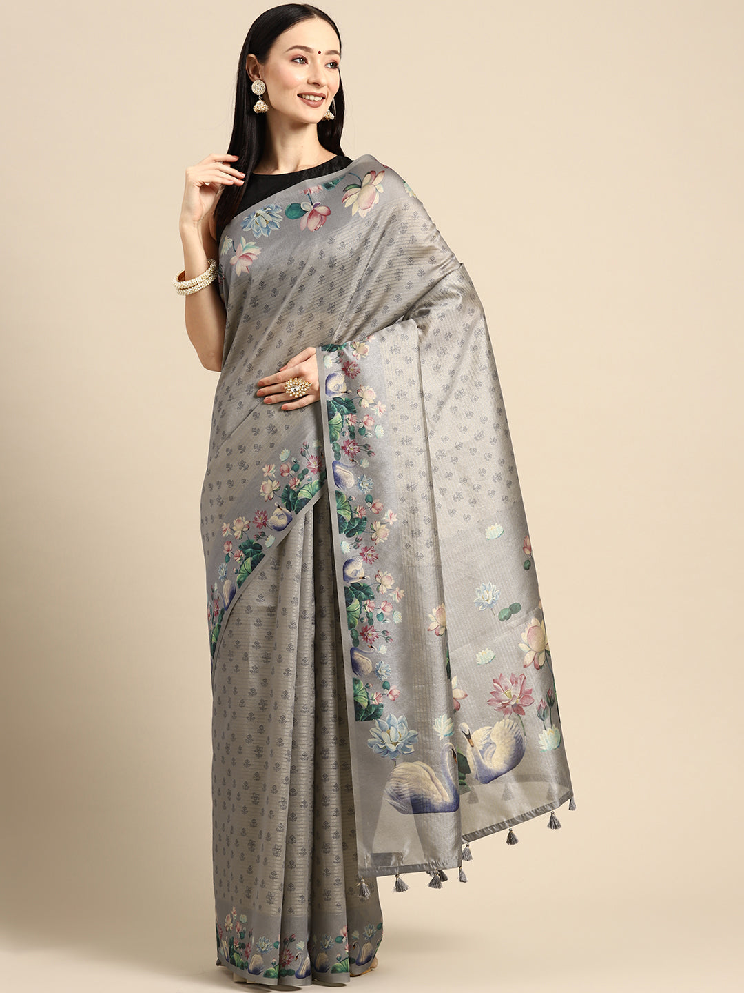 Designer Grey Silk Saree