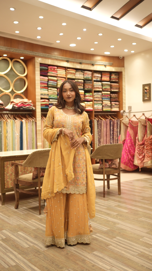 Elegant Yellow Embroidered Palazzo Set