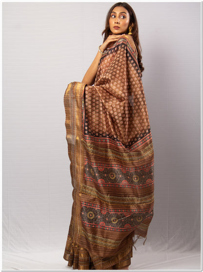 Brown Color Tassar Saree With  Blouse Piece.