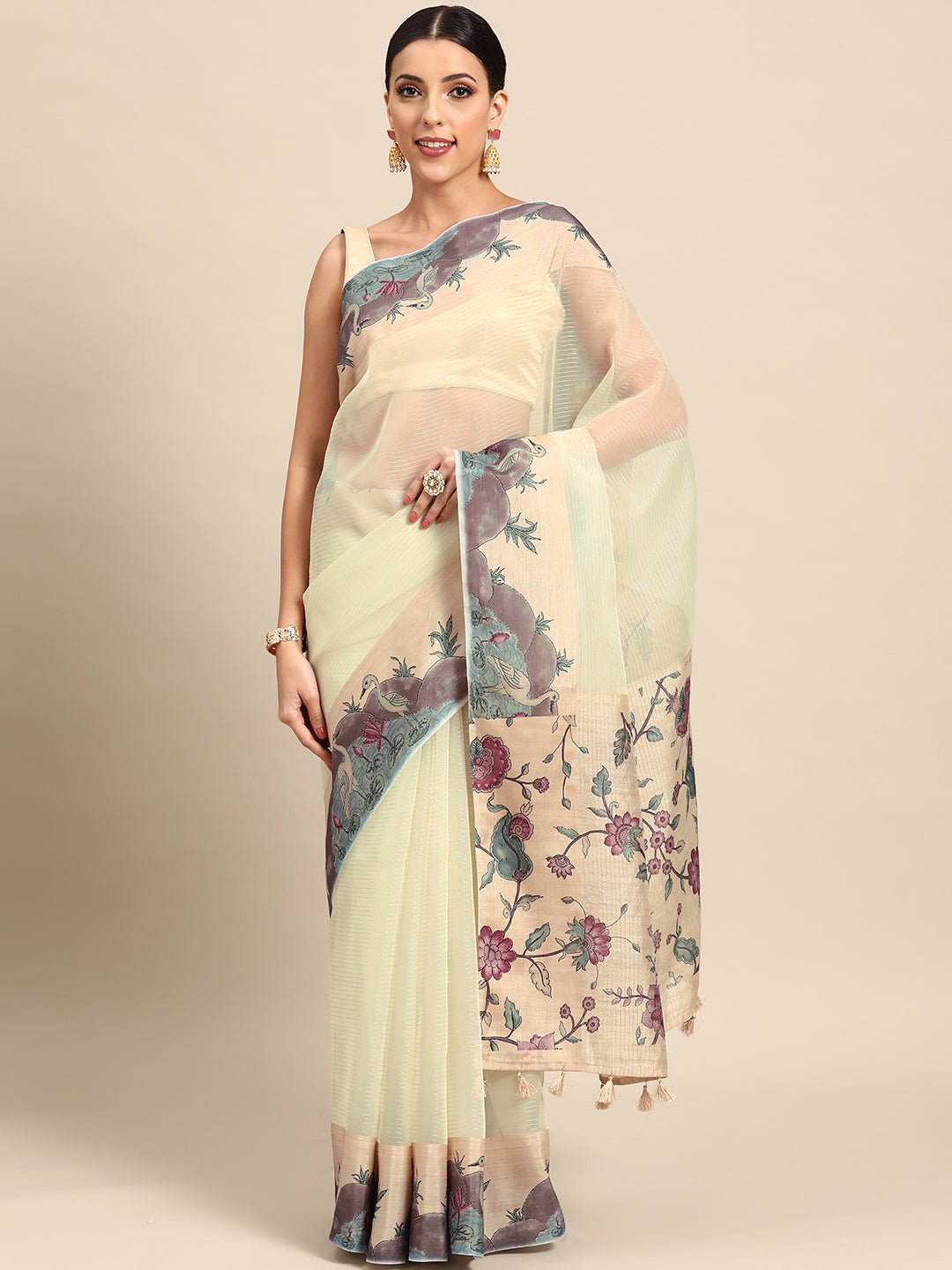 Designer Cream Cotton Saree