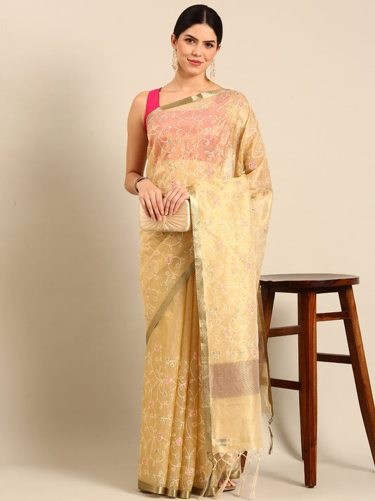 Designer Cream Silk Saree