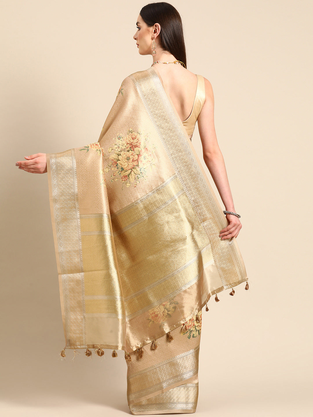 Designer Beige Silk Saree