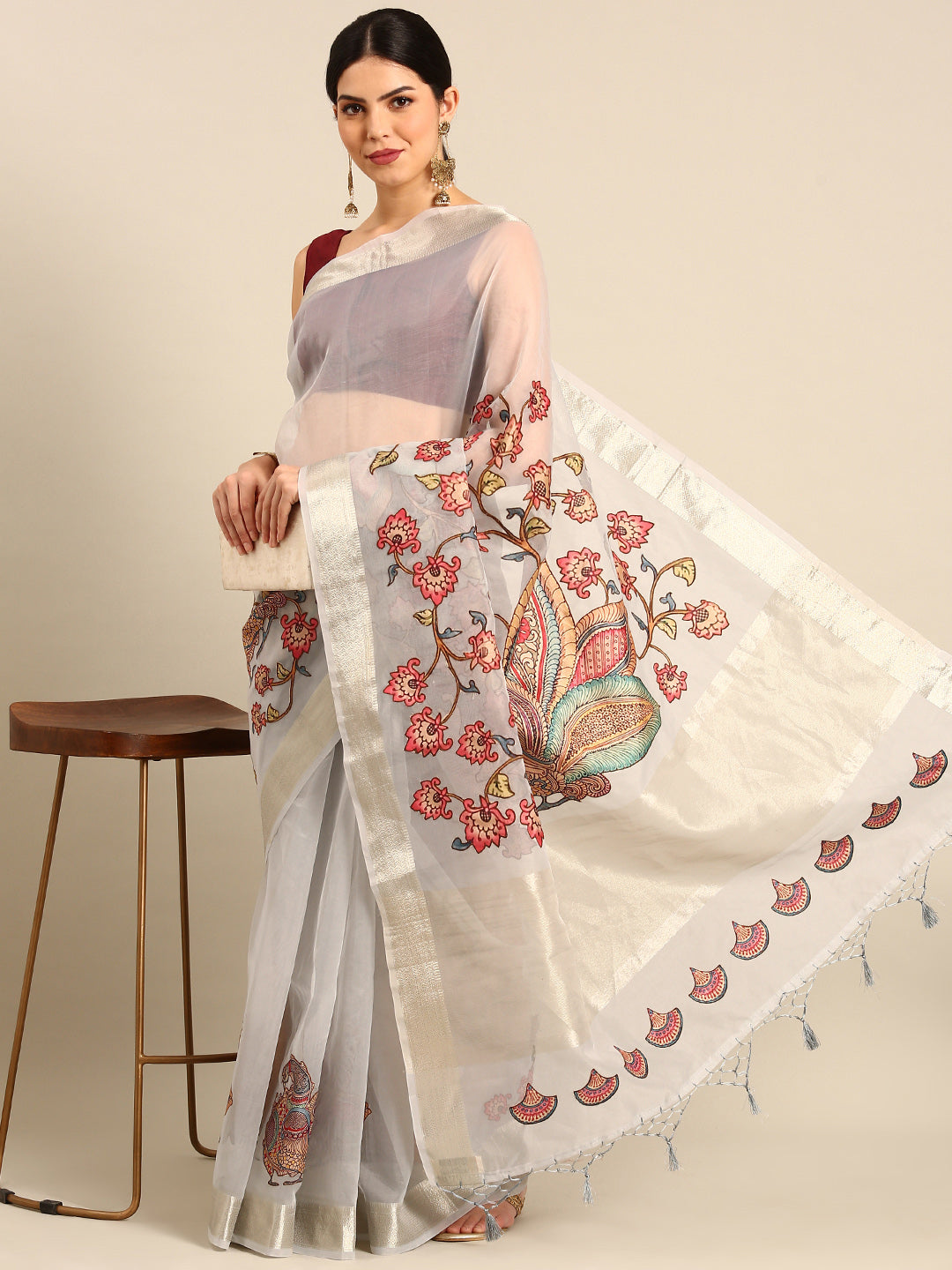 Designer White Silk Saree