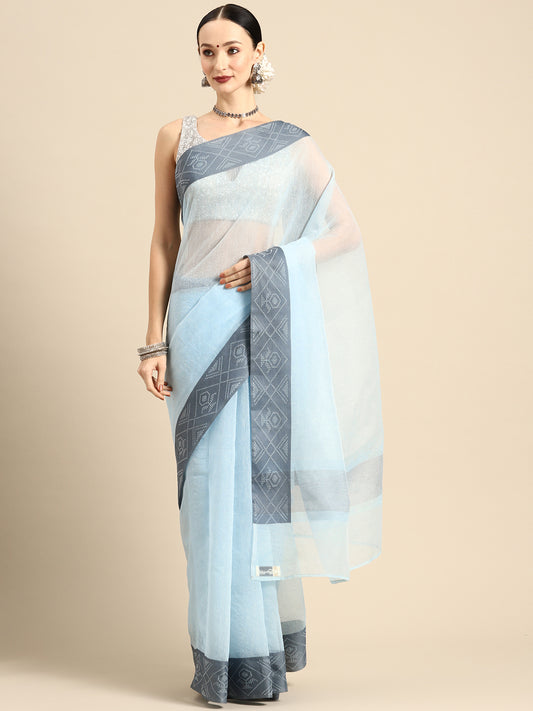 Designer Blue Linen Blend Saree