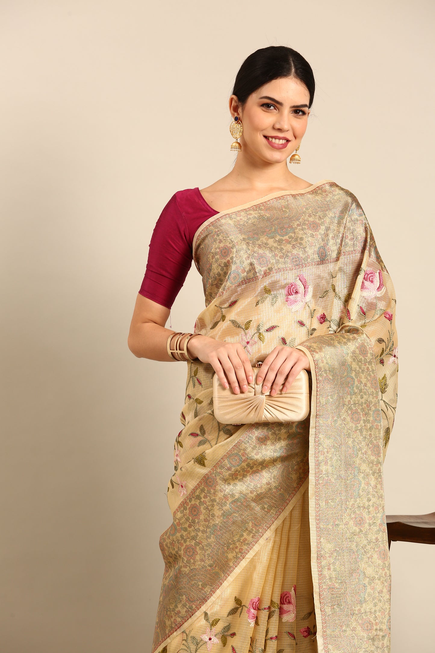 Designer Beige Silk Saree