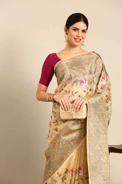 Designer Beige Silk Saree