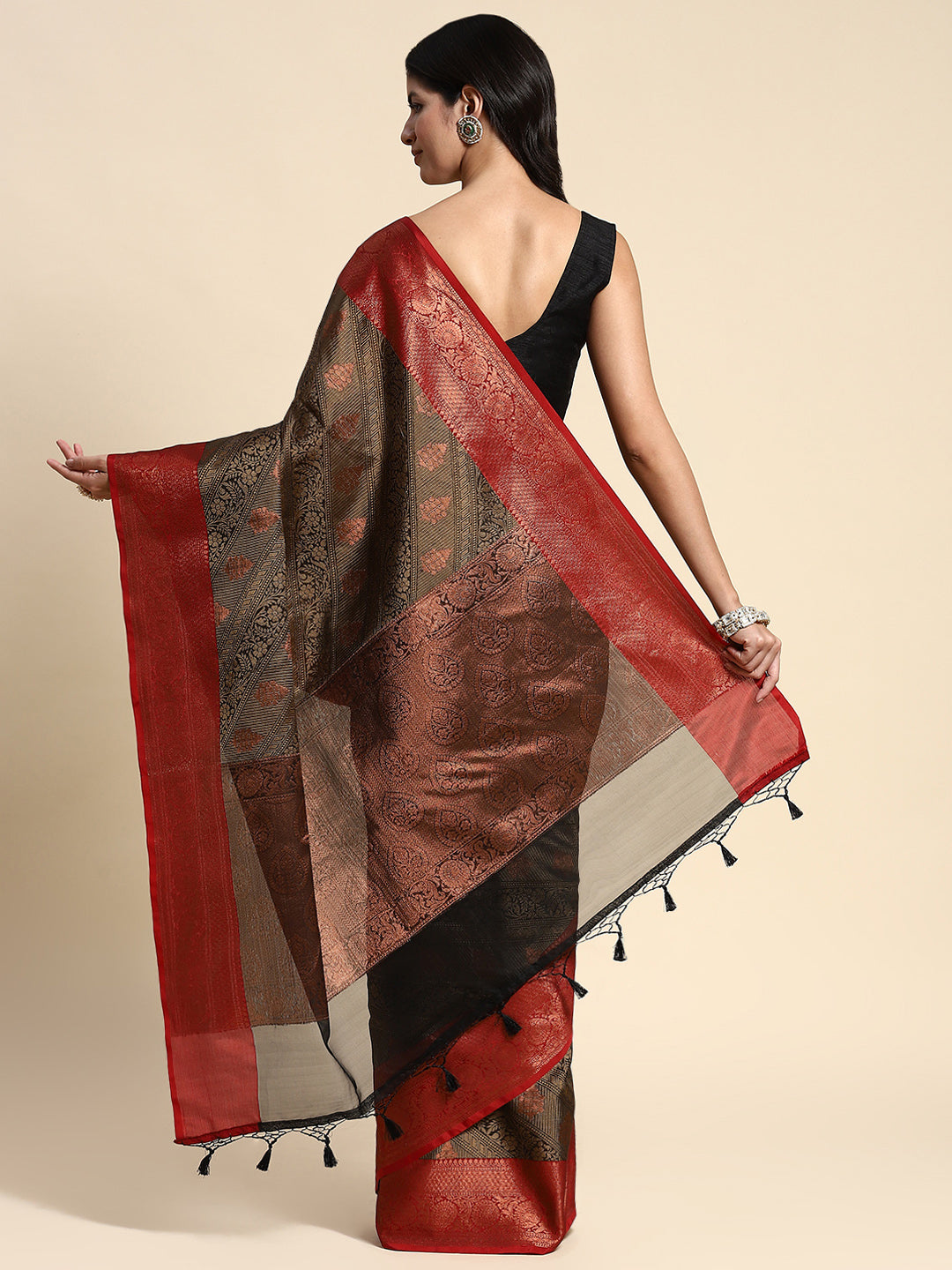 Chocolate brown & Red printed Silk Saree