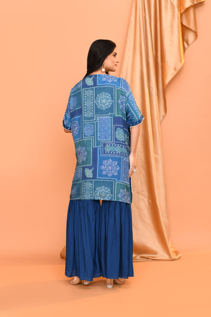 Blue Cotton Print Kaftan Kurta with Palazzo Pants