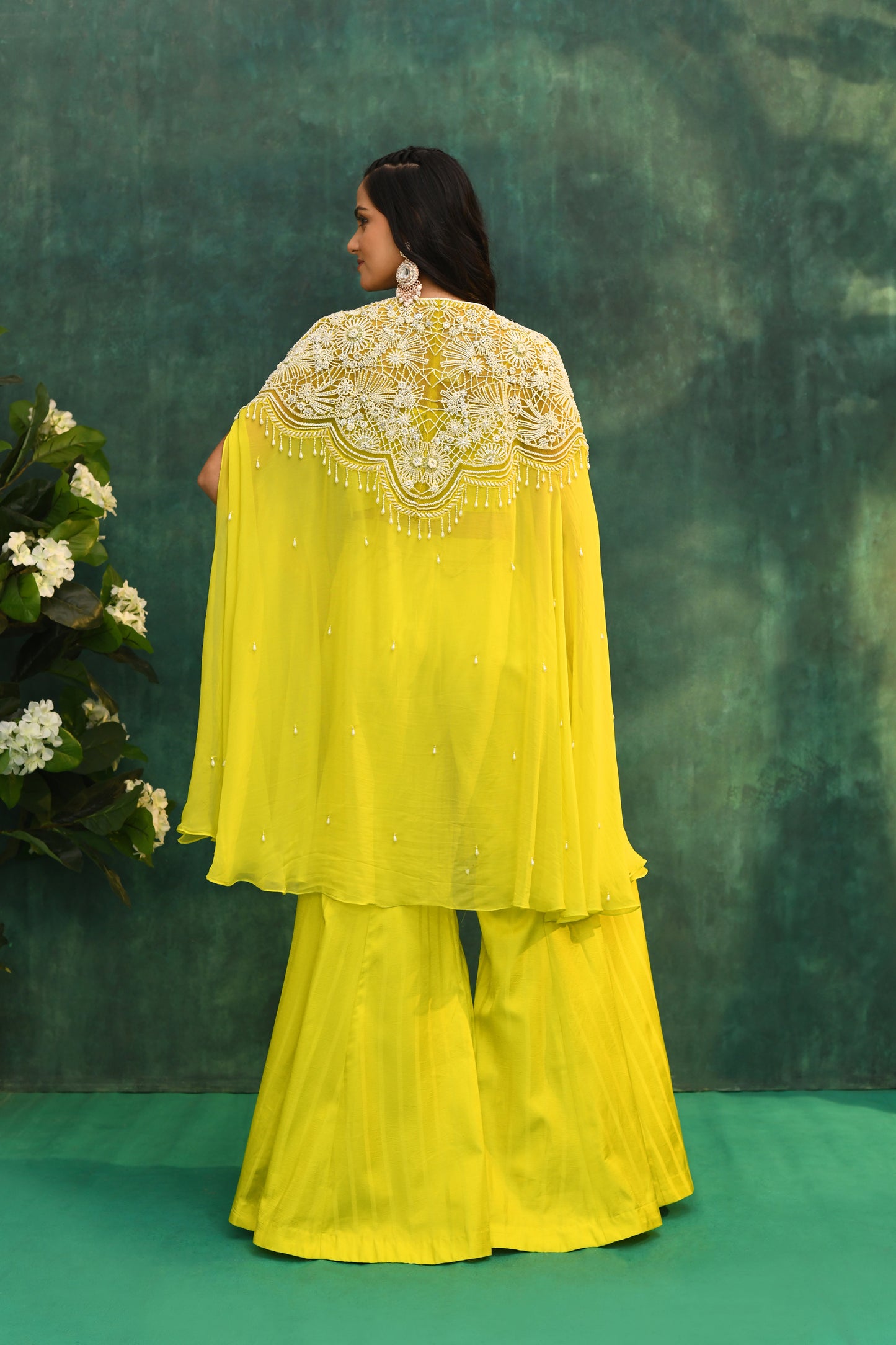 Yellow Silk Cape Jacket with Palazzo Pants