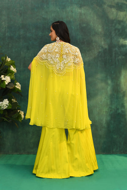 Yellow Silk Cape Jacket with Palazzo Pants