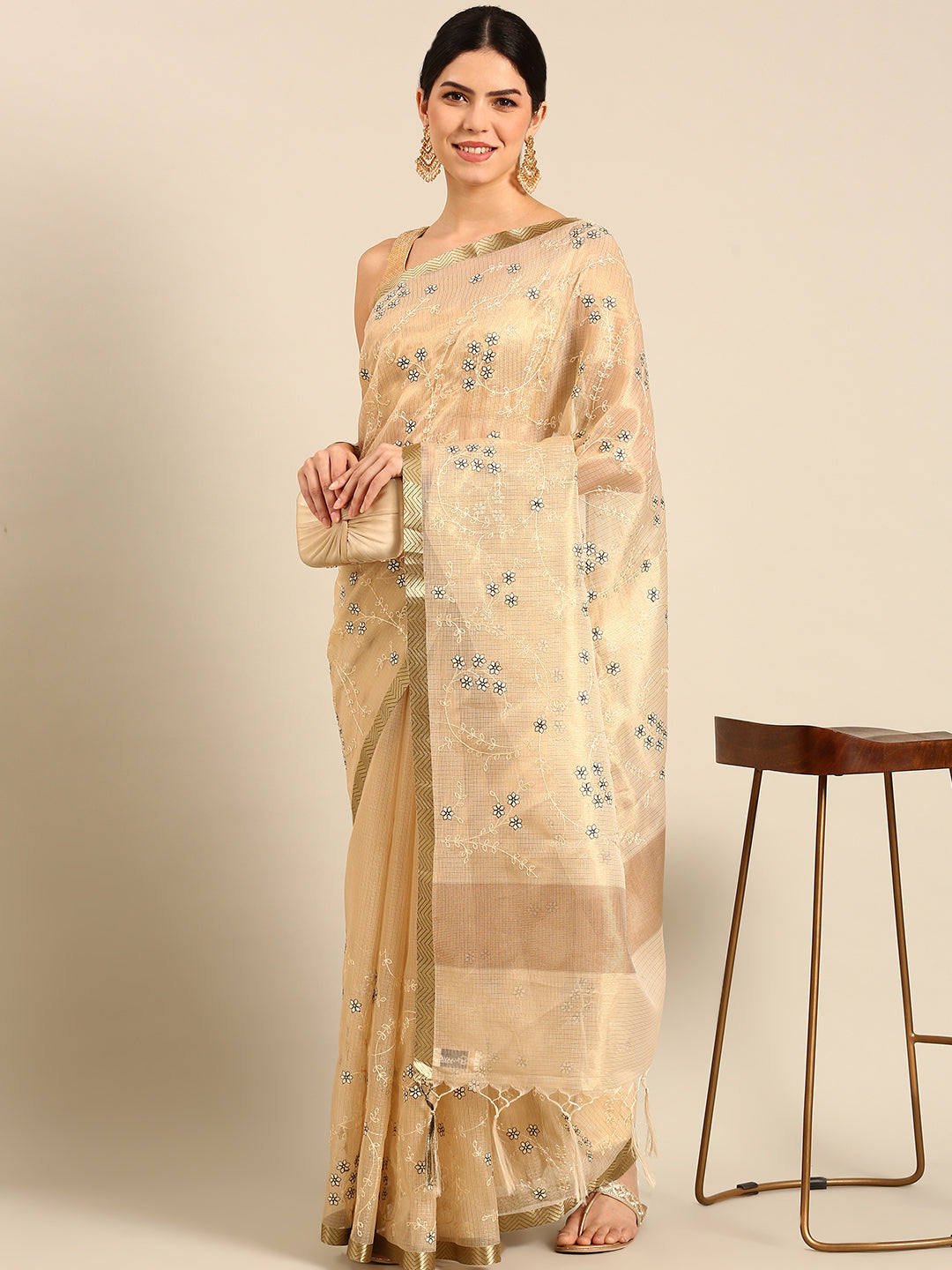 Designer Cream Silk Saree