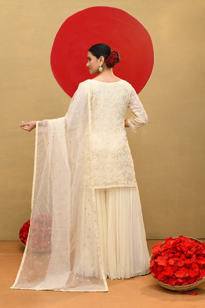 Off-White Floral Embroidered Kurta with Sharara Pants