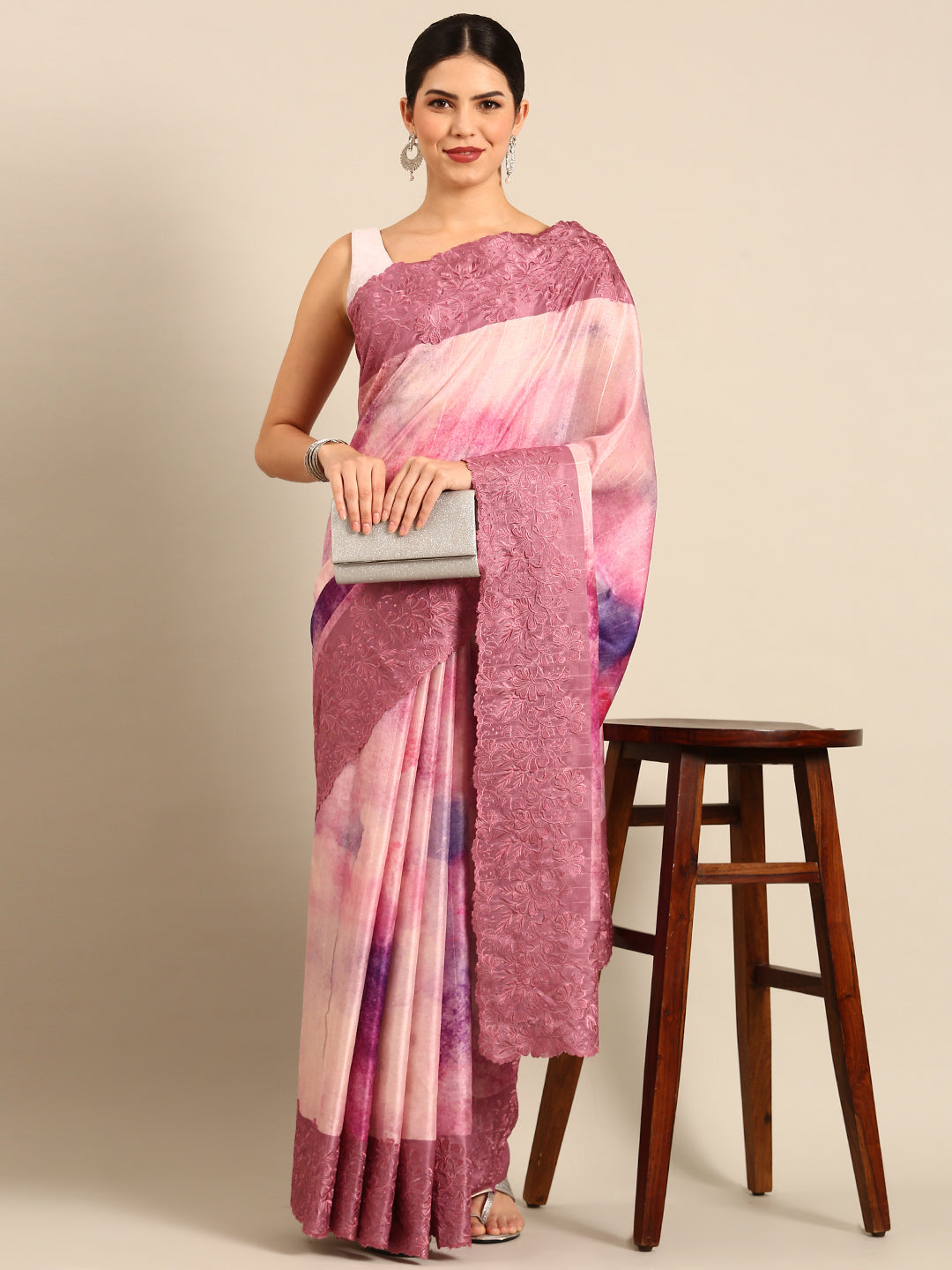 Designer Pink Satin Saree