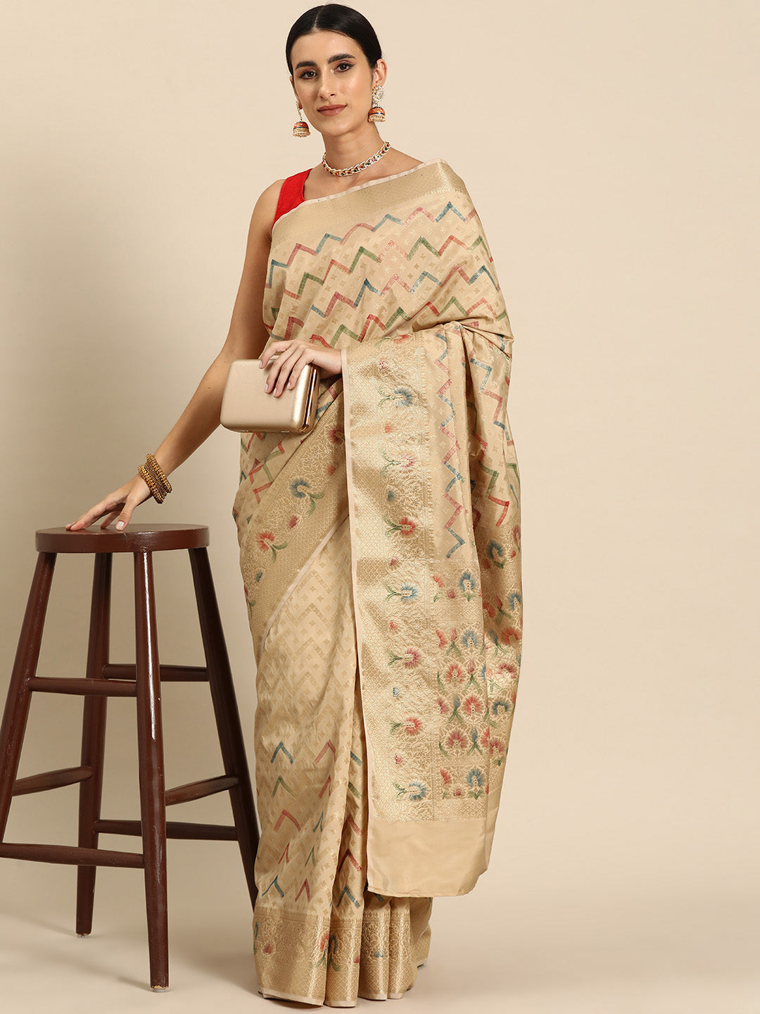 Designer Beige Silk Saree