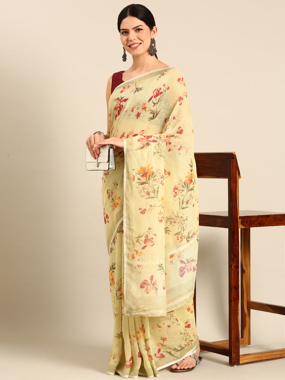 Designer Cream Silk Saree