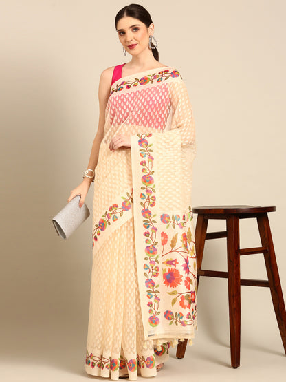 Designer Cream Silk Saree