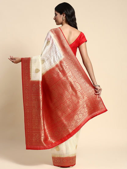 White & Red Printed Silk Saree