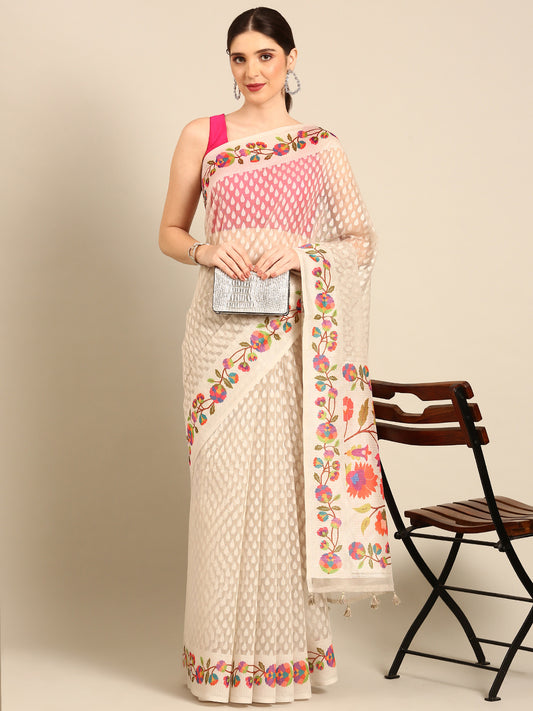 Designer White Silk Saree