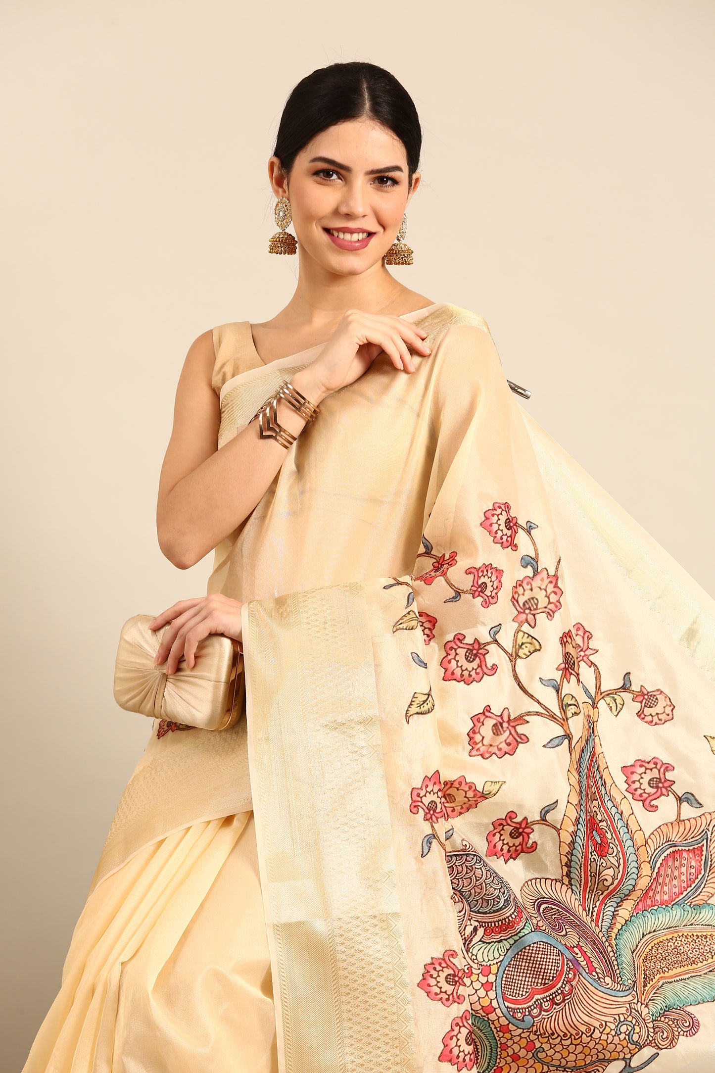 Designer Cream Silk Saree