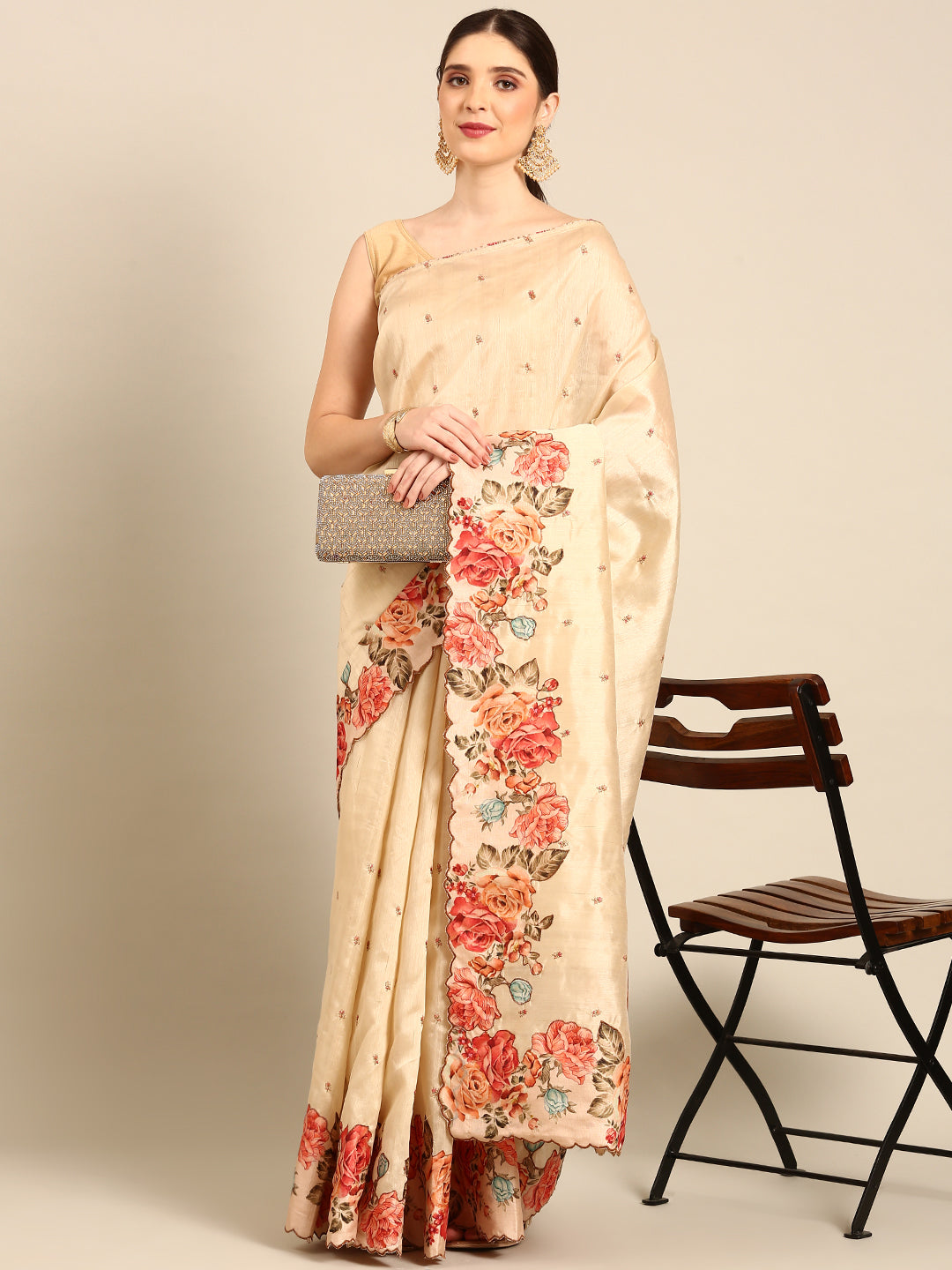 Designer Cream Silk Saree