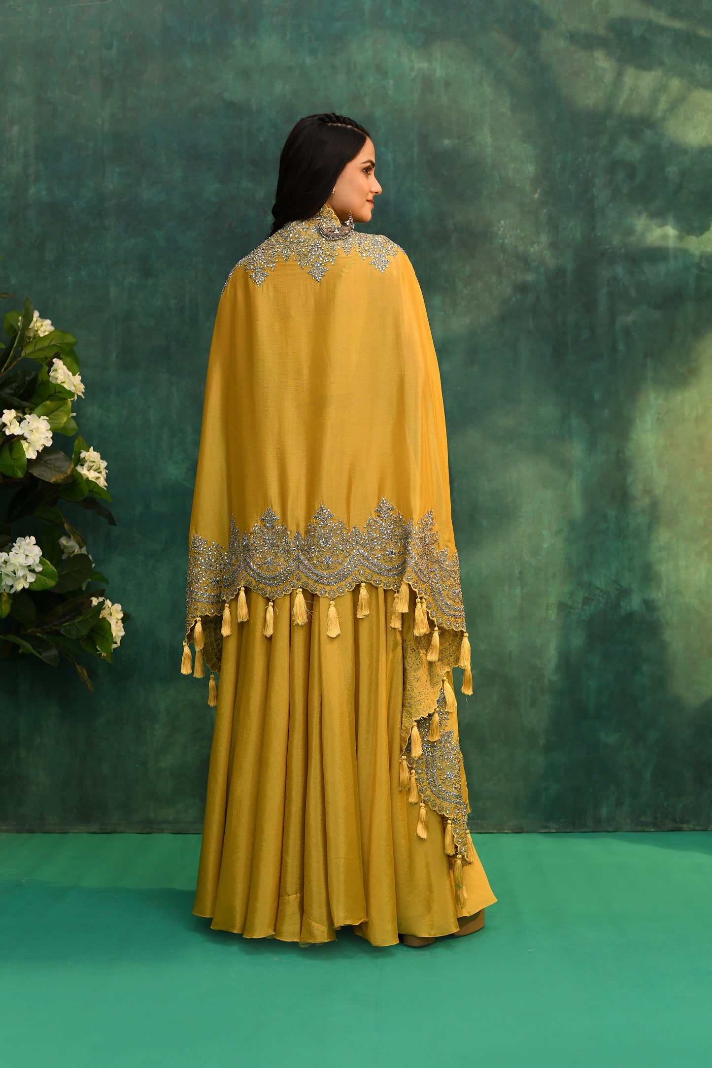 Vibrant Yellow Cape Set with Palazzo Pants & Blouse