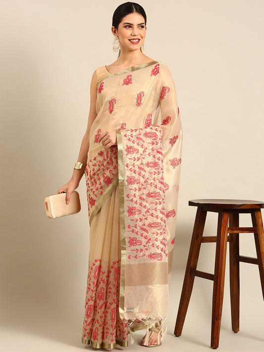 Designer Beige Silk Saree