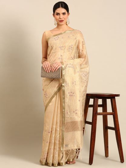 Designer Beige Silk Saree