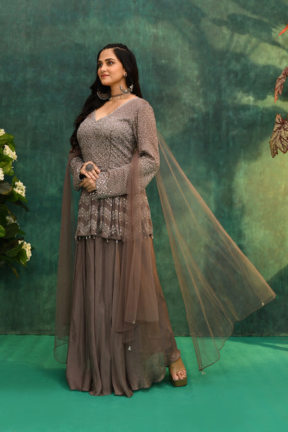 Brown Hand-Embroidered Short Kurta Set