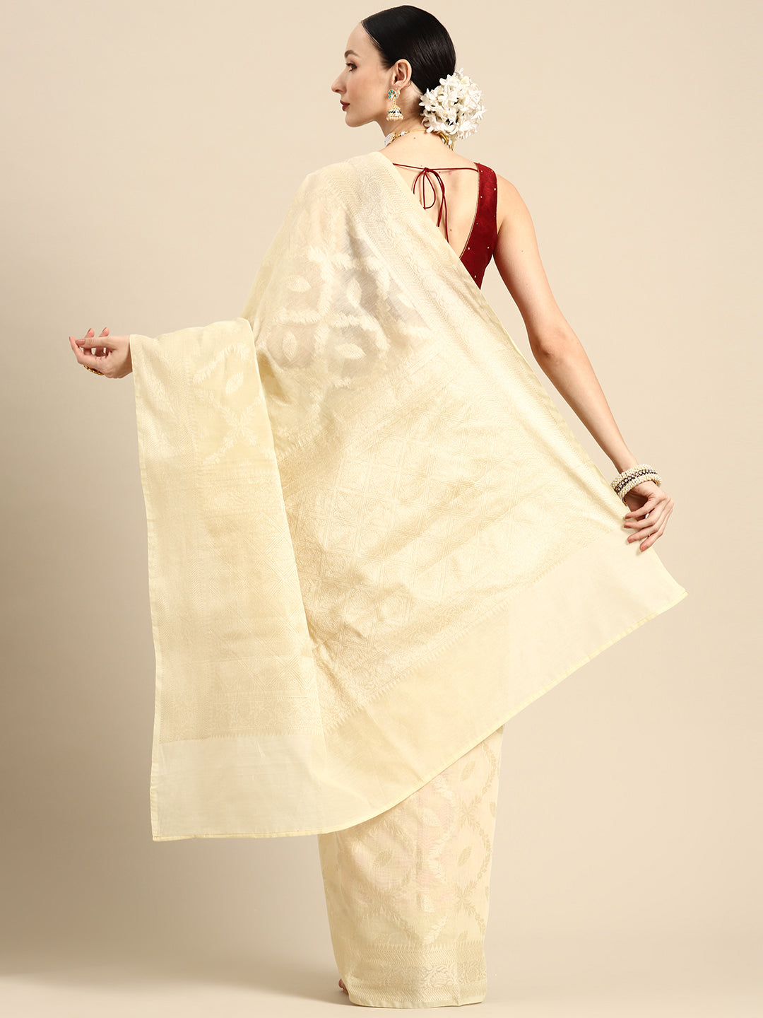 Designer Off-White Linen Blend Saree