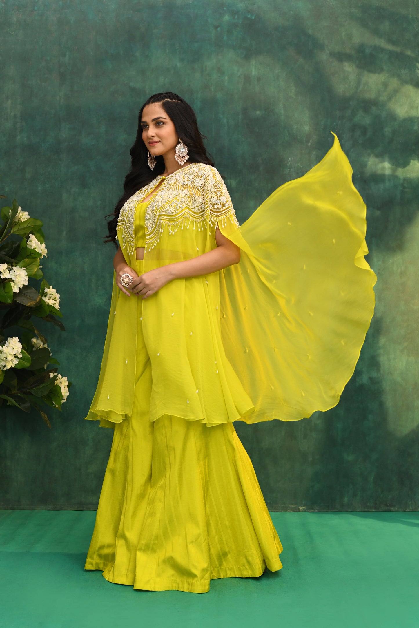 Yellow Silk Cape Jacket with Palazzo Pants