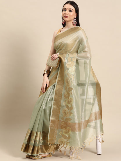 Designer Green Linen Blend Saree