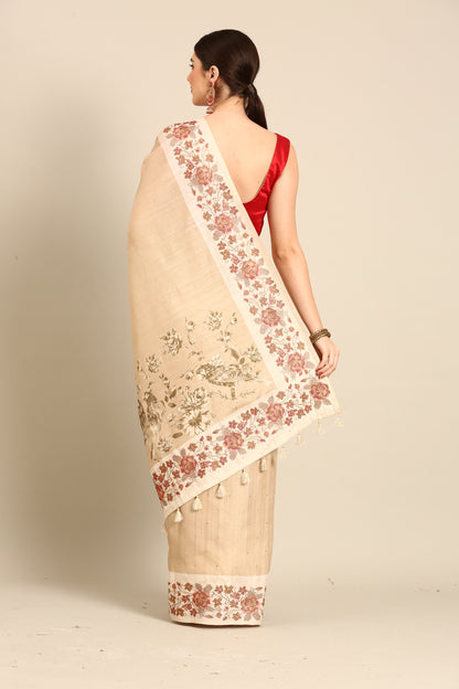 Designer Beige Silk Saree