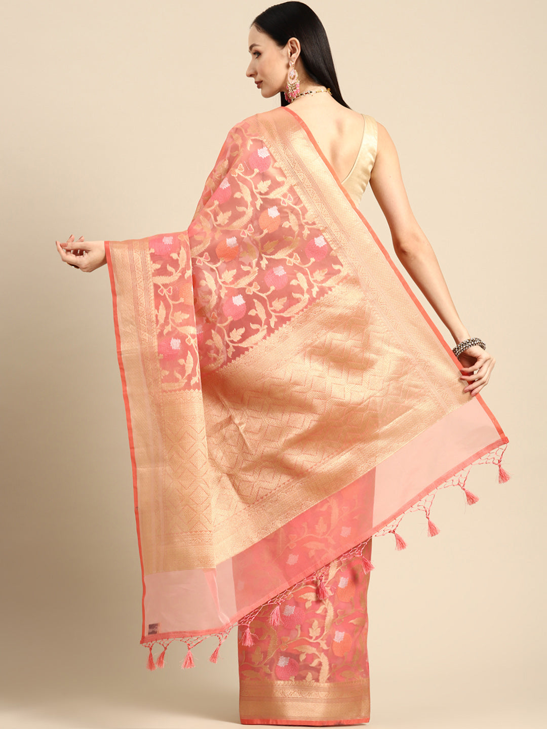 Designer Peach Silk Saree