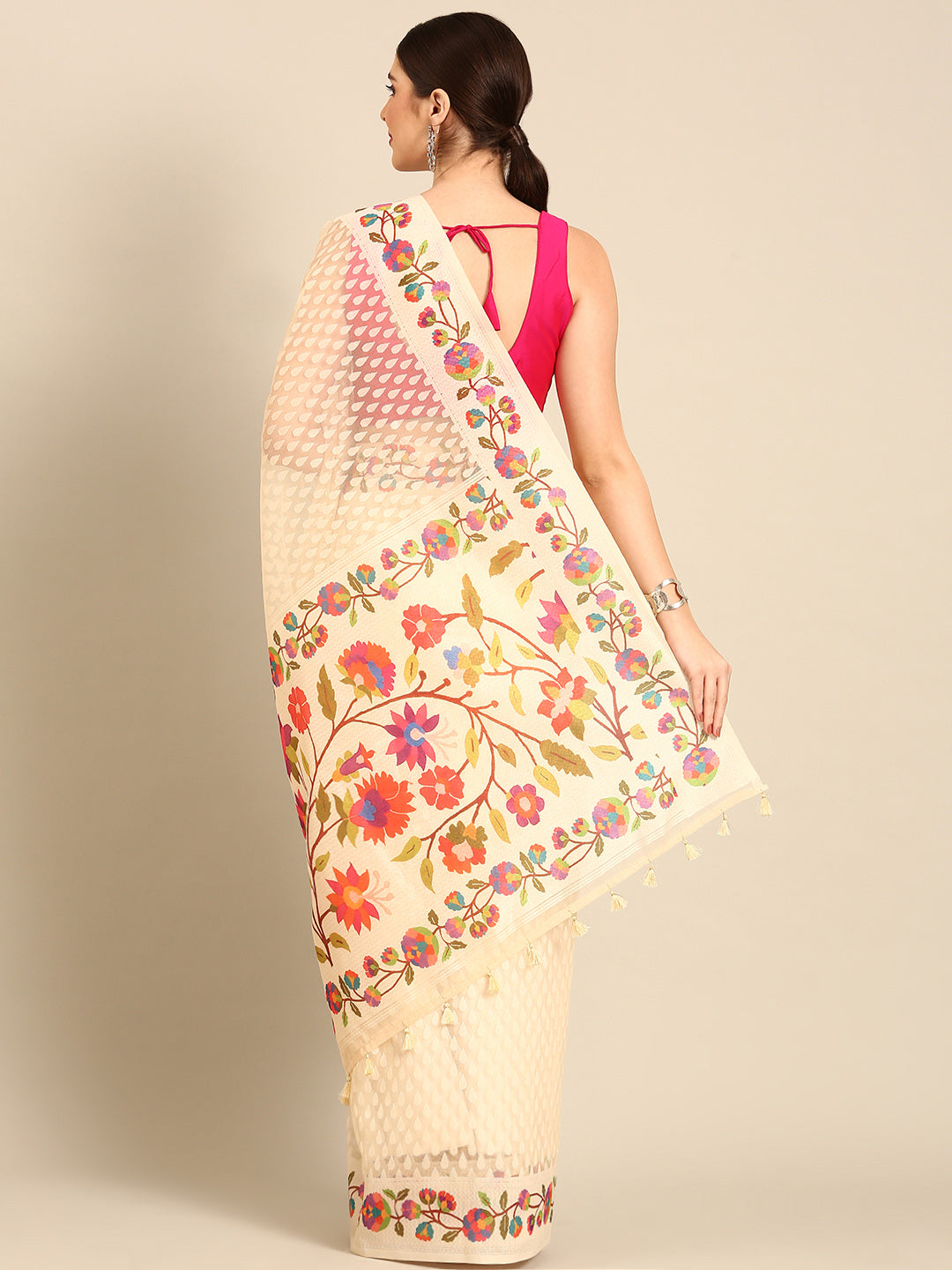 Designer Cream Silk Saree