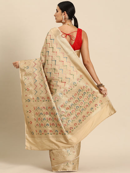 Designer Beige Silk Saree