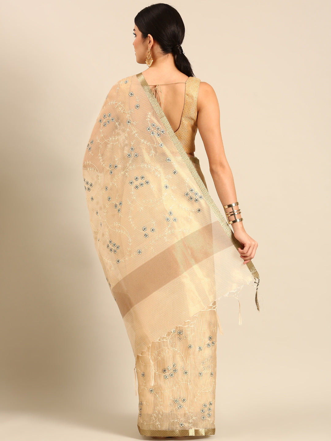 Designer Cream Silk Saree