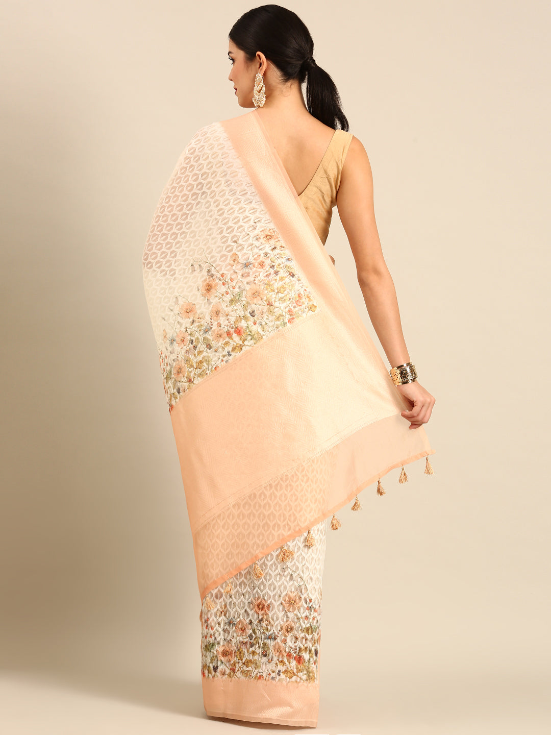 Designer Cream Silk Saree