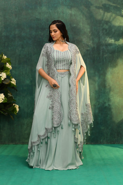 Elegant Grey Cape Set with Palazzo Pants & Blouse