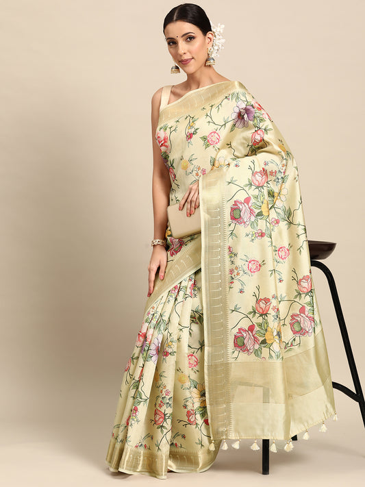 Designer Cream Silk Saree