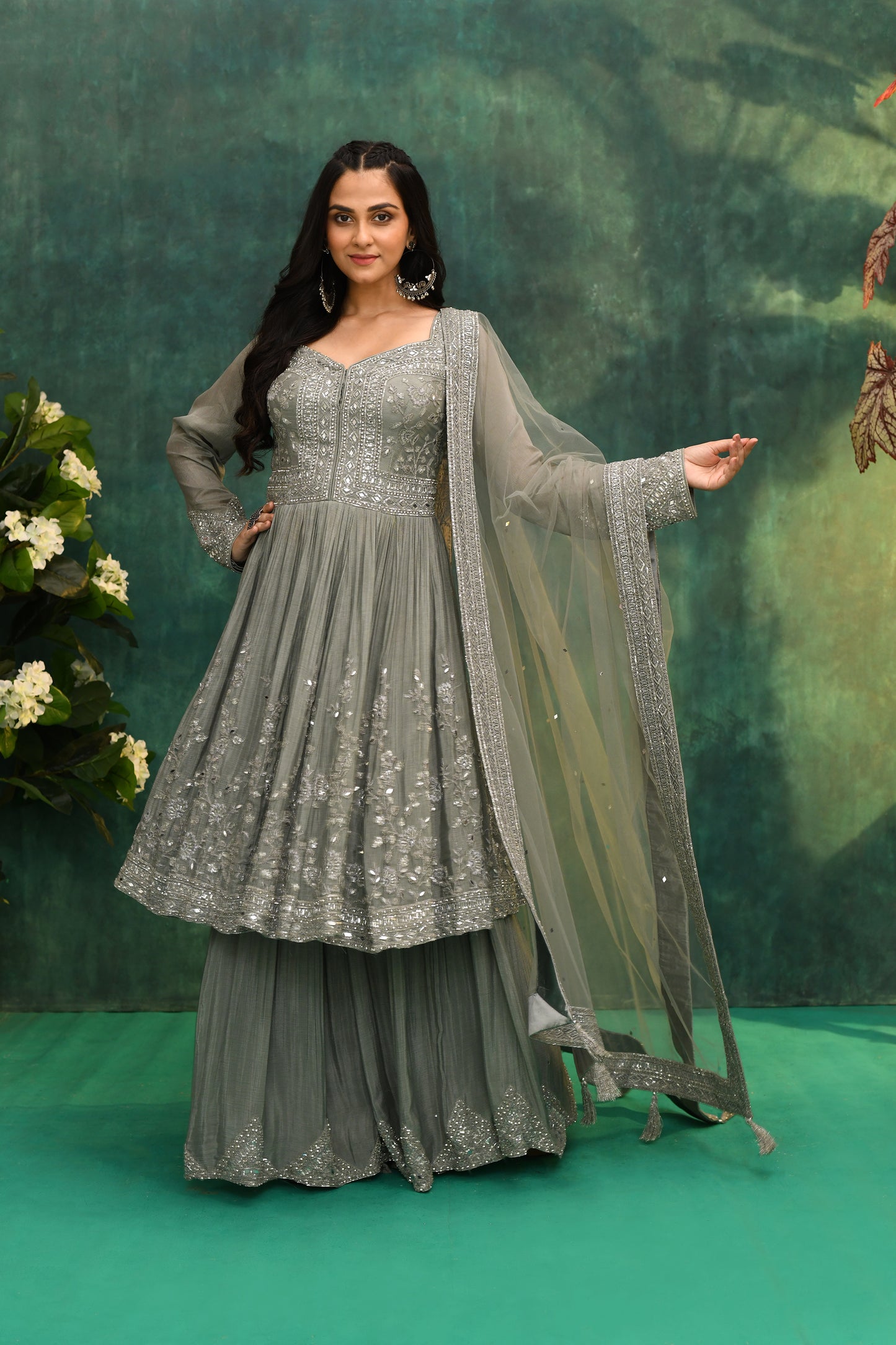 Grey Chanderi & Net Kurta with Palazzo Pants