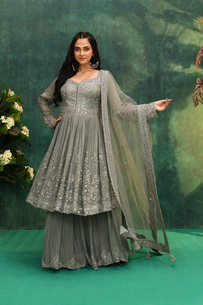 Grey Chanderi & Net Kurta with Palazzo Pants