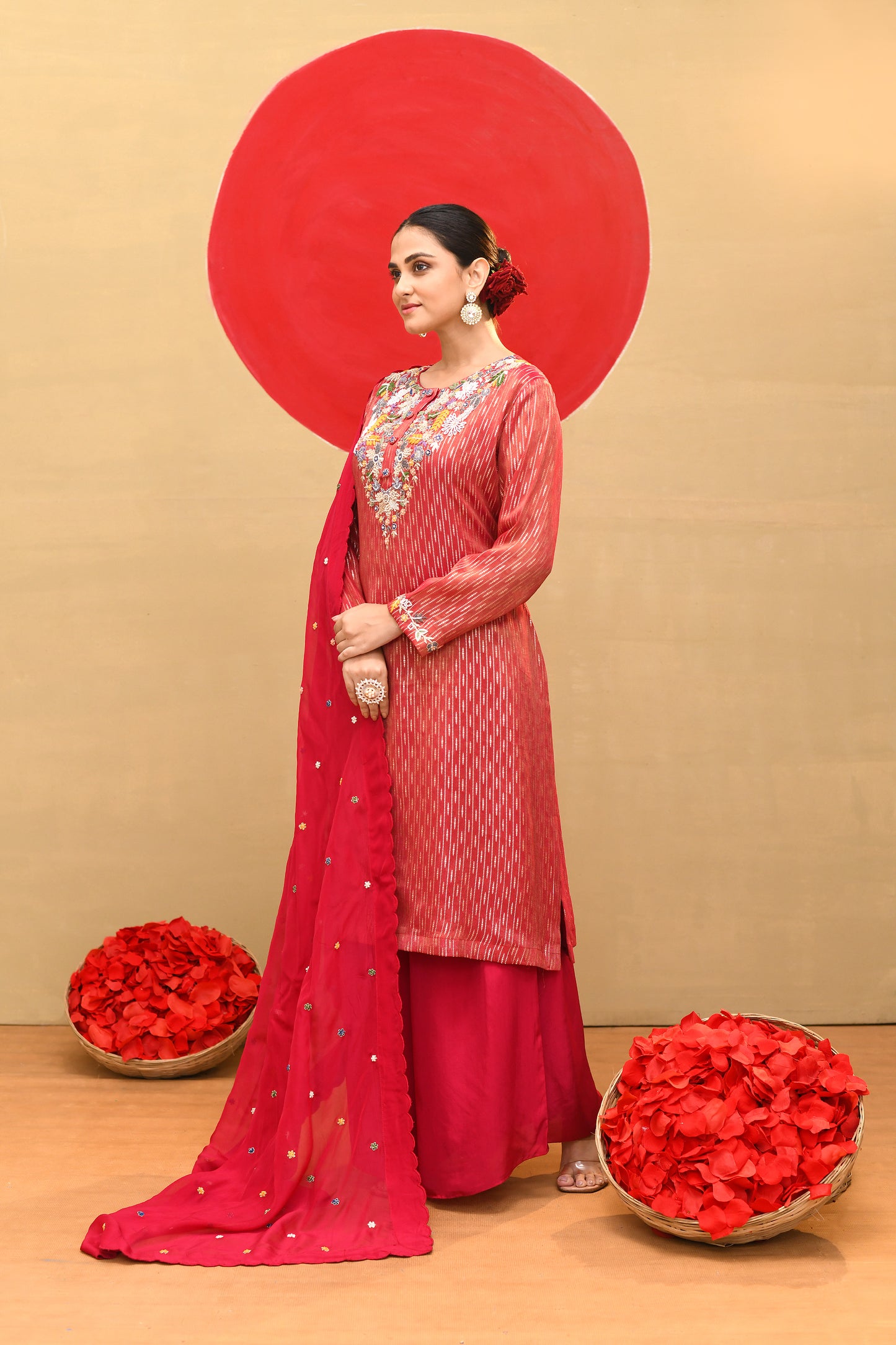 Luxurious Red Zari-Embroidered Kurta Set