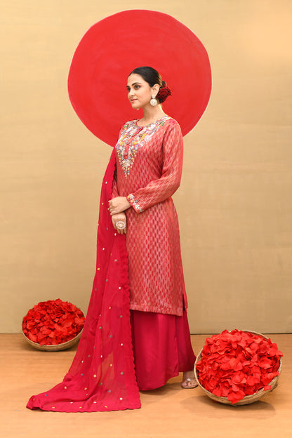 Luxurious Red Zari-Embroidered Kurta Set