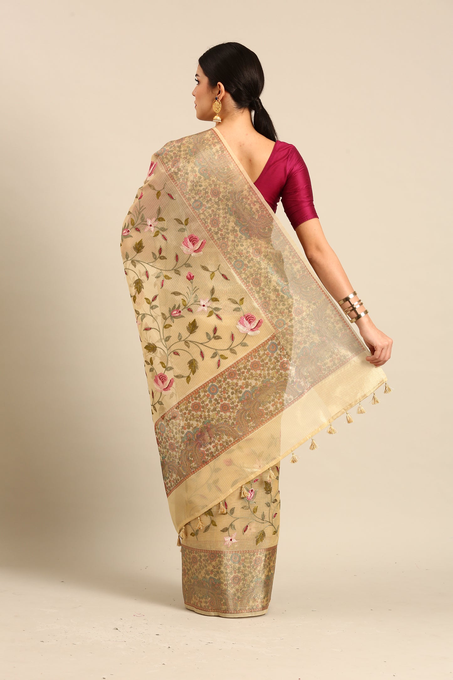 Designer Beige Silk Saree