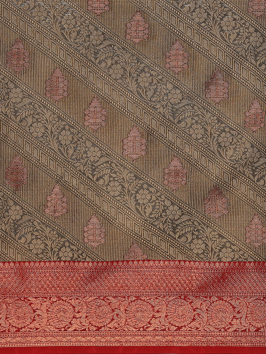 Chocolate brown & Red printed Silk Saree