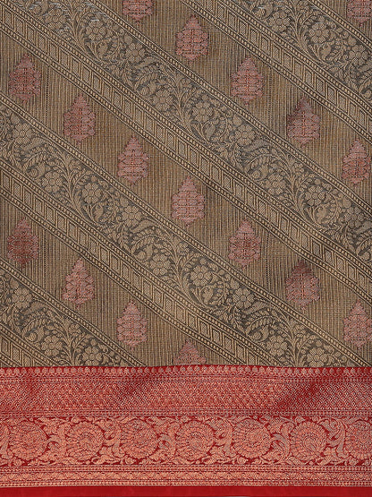 Chocolate brown & Red printed Silk Saree