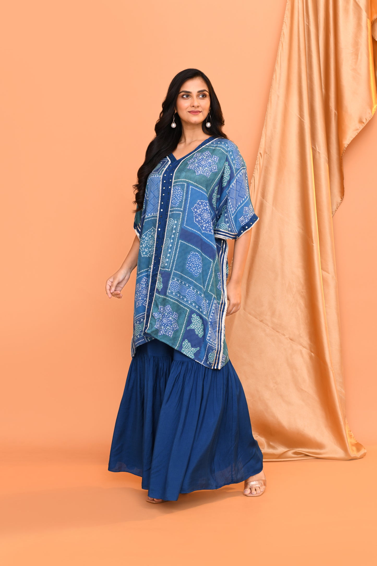 Blue Cotton Print Kaftan Kurta with Palazzo Pants