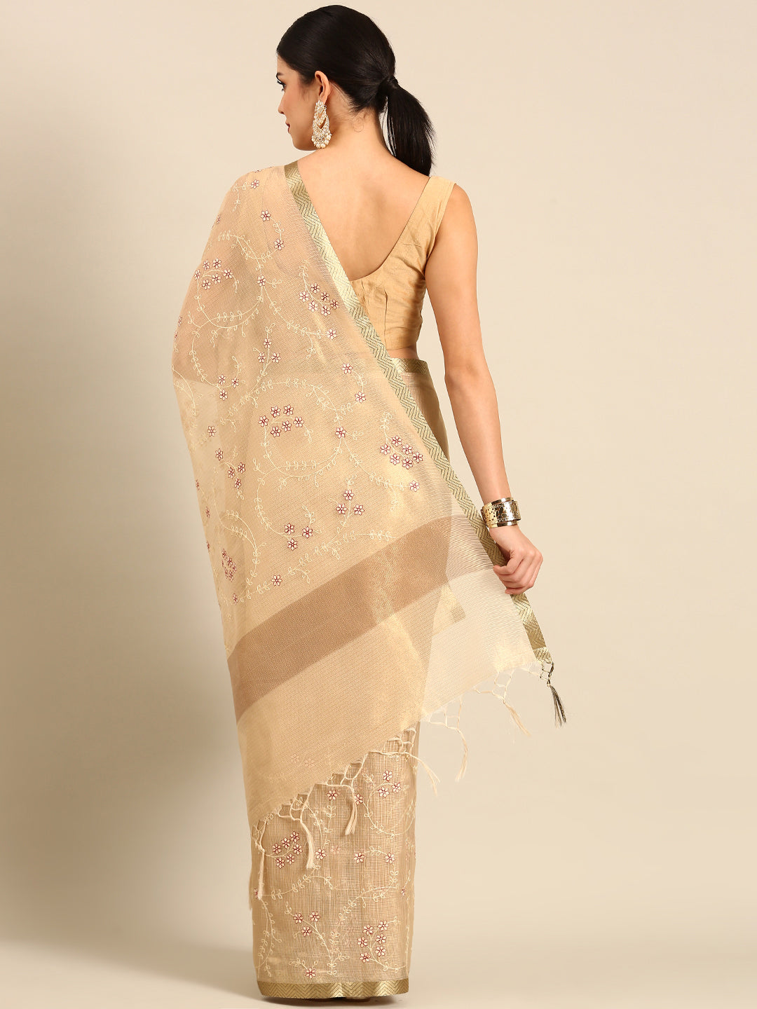 Designer Beige Silk Saree