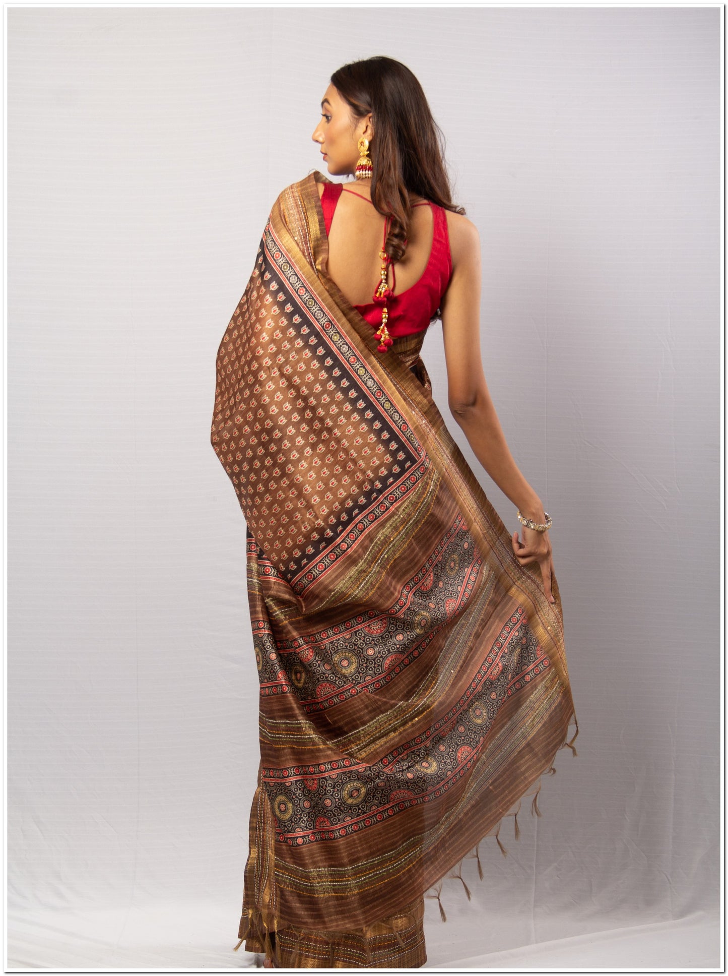 Brown Color Tassar Saree With  Blouse Piece.